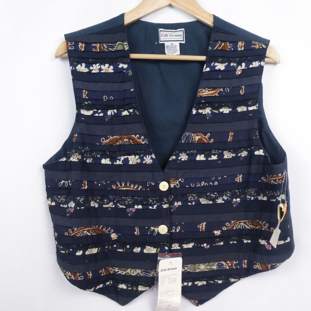 Vintage‎ Citi Craze Pleated Lace Trim Floral Waistcoat Vest Sz M Navy Blue Beige